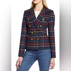 Stunning double breasted navy multi colored plaid jacket by Halogen